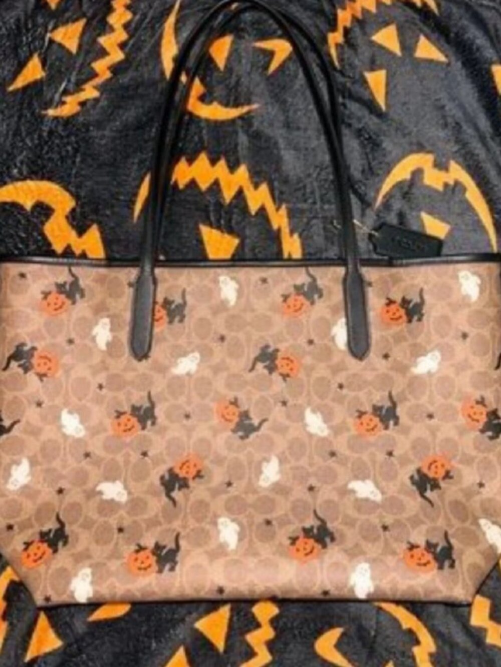 COACH Brown Halloween Pumpkin & Ghost Signature Tote with Black Trim - Picture 2 of 6